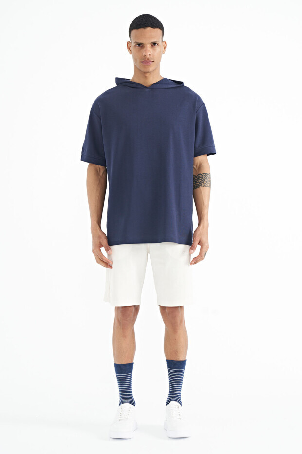 İndigo Kapüşonlu Kol Etiket Detaylı Oversize Erkek T-Shirt