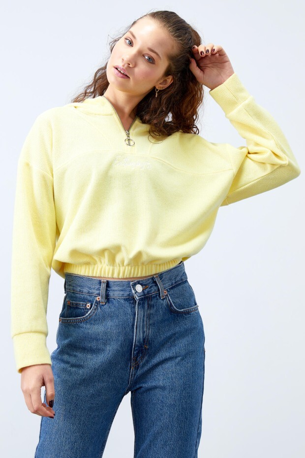 Limon Kapüşonlu Yarım Fermuar Selanik Kadın Oversize Triko Crop Top Sweathirt