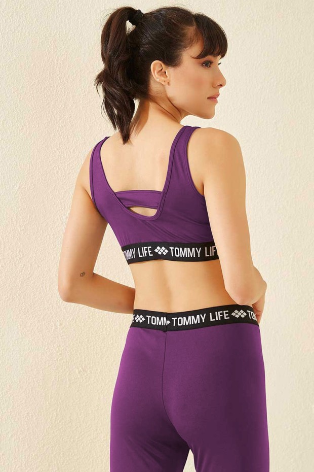 Tommy Life Açık Mor Yazı Şeritli Standart Kalıp U Yaka Kadın Spor Büstiyer - 97113. 5