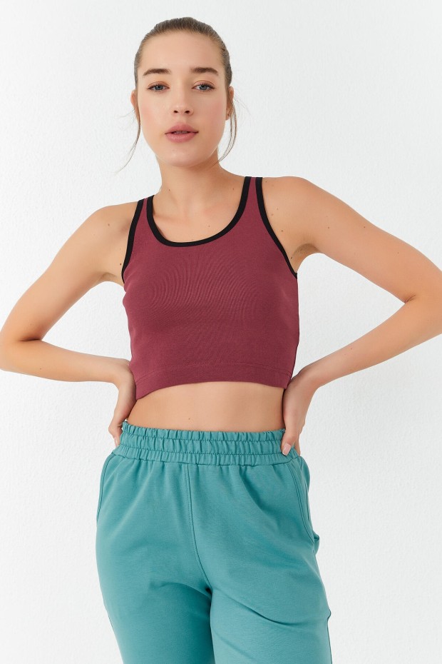 Tommy Life Bordo Basic Sıfır Kol Dar Kalıp U Yaka Kadın Crop Top Atlet - 97162. 3