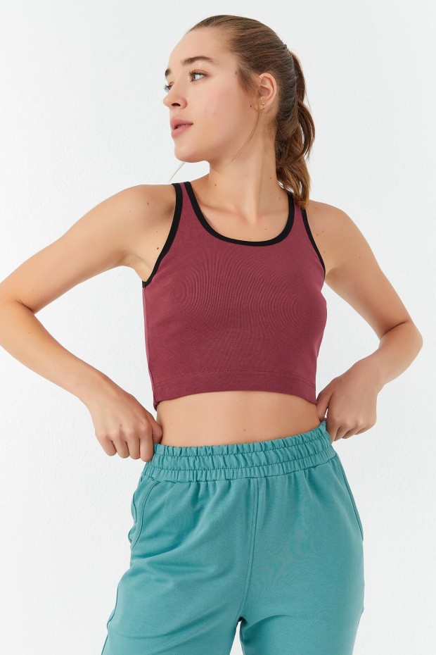 Tommy Life Bordo Basic Sıfır Kol Dar Kalıp U Yaka Kadın Crop Top Atlet - 97162. 1