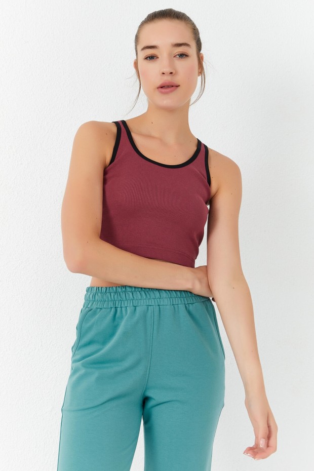 Tommy Life Bordo Basic Sıfır Kol Dar Kalıp U Yaka Kadın Crop Top Atlet - 97162. 5