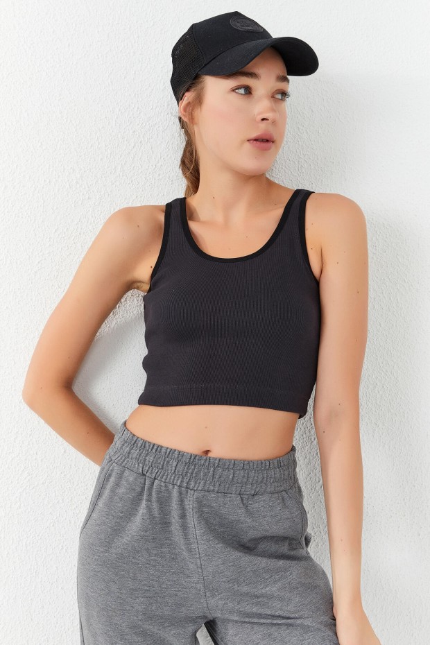 Tommy Life Füme Basic Sıfır Kol Dar Kalıp U Yaka Kadın Crop Top Atlet - 97160. 1