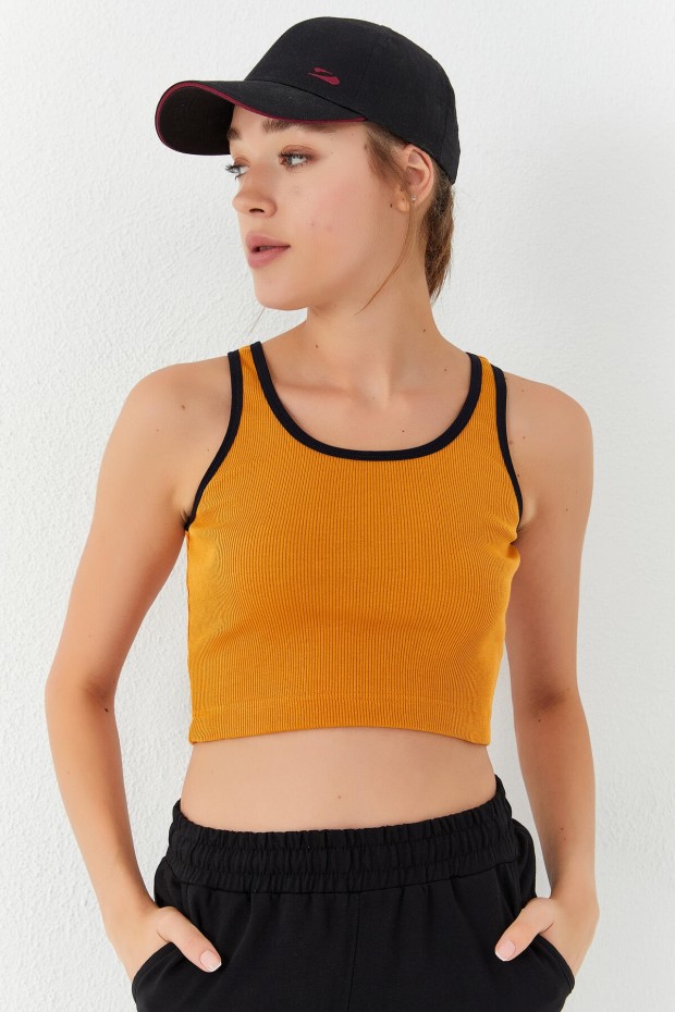 Tommy Life Hardal Basic Sıfır Kol Dar Kalıp U Yaka Kadın Crop Top Atlet - 97160. 7 Tommy Life Hardal Basic Sıfır Kol Dar Kalıp U Yaka Kadın Crop Top Atlet - 97160. 7