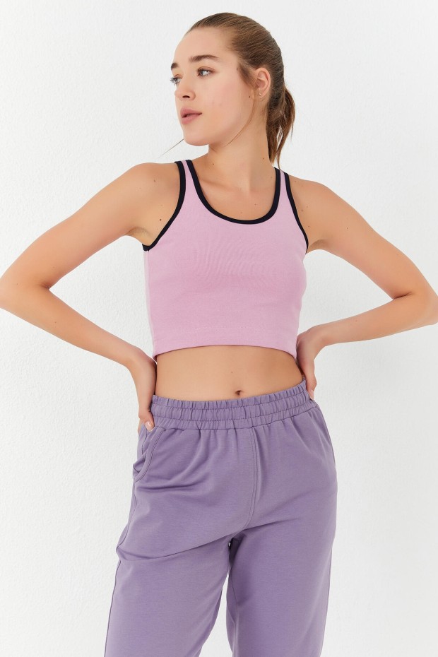 Tommy Life Pembe Basic Sıfır Kol Dar Kalıp U Yaka Kadın Crop Top Atlet - 97162. 6