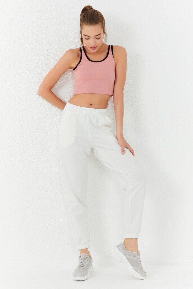 Tommy Life Pudra Basic Sıfır Kol Dar Kalıp U Yaka Kadın Crop Top Atlet - 97162. 2