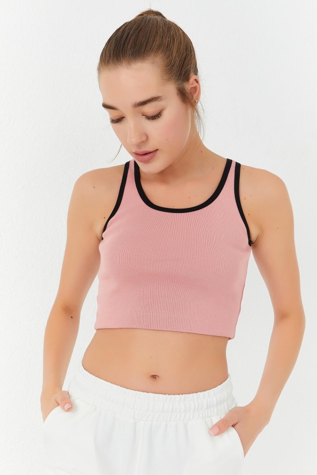 Tommy Life Pudra Basic Sıfır Kol Dar Kalıp U Yaka Kadın Crop Top Atlet - 97162. 3