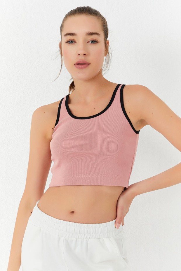 Tommy Life Pudra Basic Sıfır Kol Dar Kalıp U Yaka Kadın Crop Top Atlet - 97162. 1