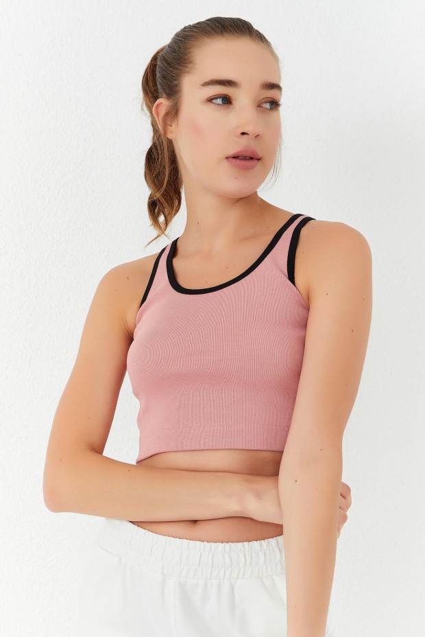 Tommy Life Pudra Basic Sıfır Kol Dar Kalıp U Yaka Kadın Crop Top Atlet - 97162. 5