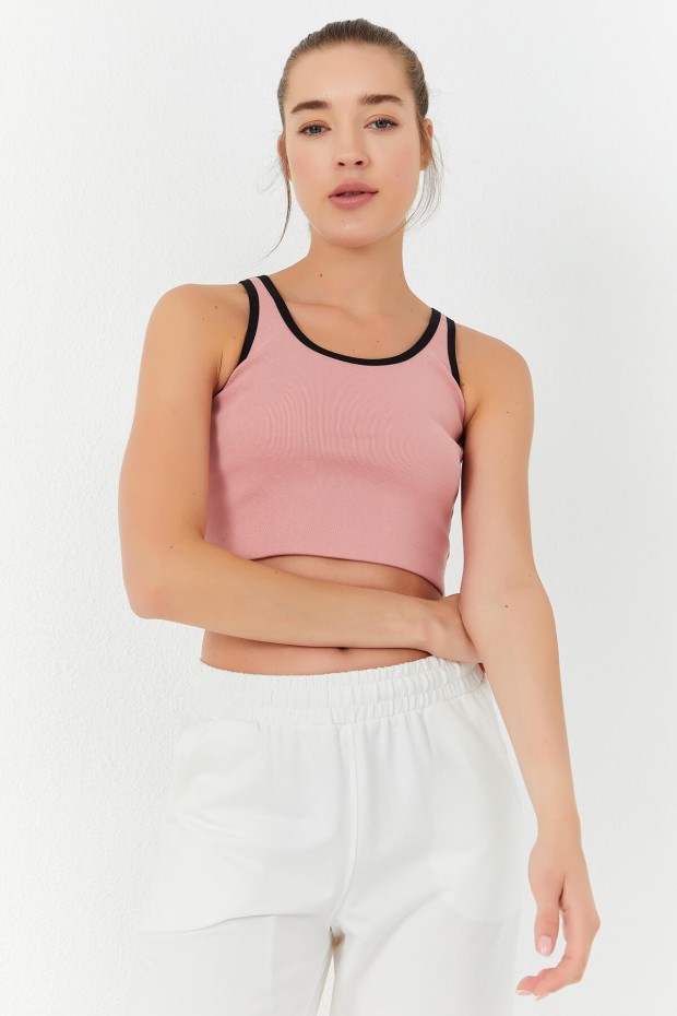 Tommy Life Pudra Basic Sıfır Kol Dar Kalıp U Yaka Kadın Crop Top Atlet - 97162. 6