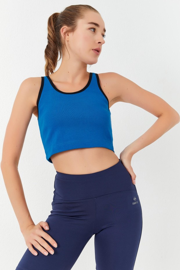 Tommy Life Turkuaz Basic Sıfır Kol Dar Kalıp U Yaka Kadın Crop Top Atlet - 97162. 3