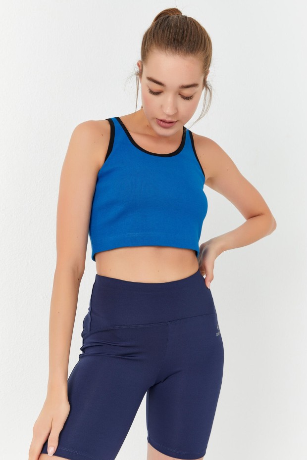 Tommy Life Turkuaz Basic Sıfır Kol Dar Kalıp U Yaka Kadın Crop Top Atlet - 97162. 5