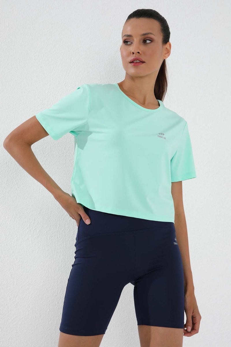 Tommy Life Mint Yeşili Basic Kısa Kol Standart Kalıp O Yaka Kadın Crop Top T-Shirt - 97143. 5