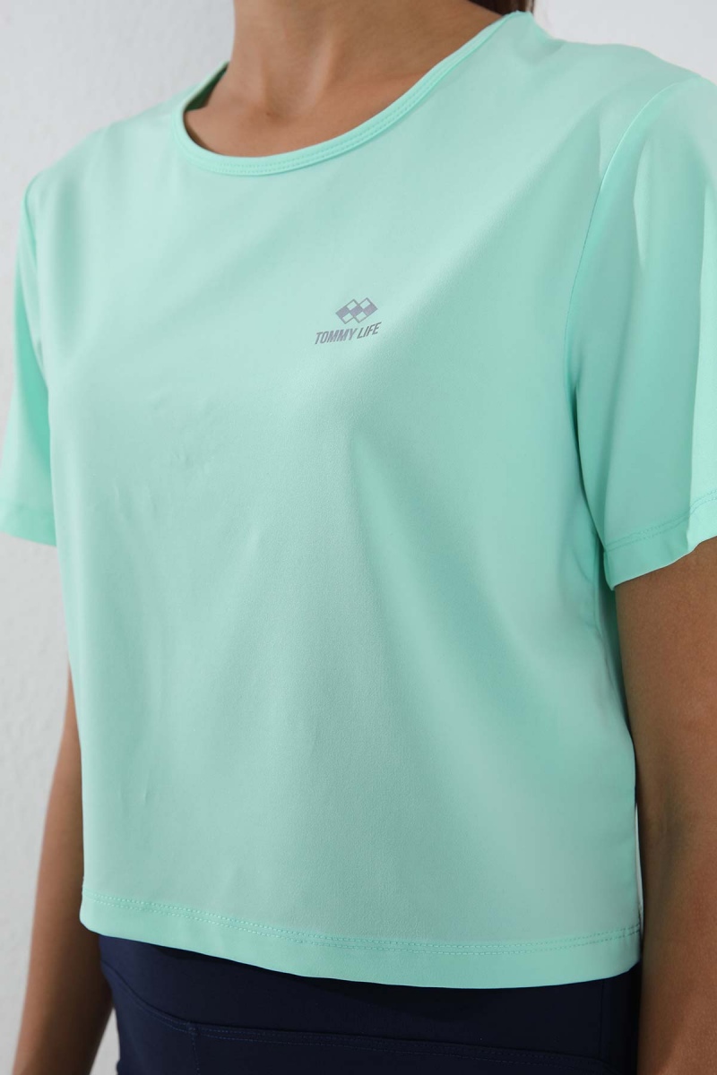 Tommy Life Mint Yeşili Basic Kısa Kol Standart Kalıp O Yaka Kadın Crop Top T-Shirt - 97143. 8