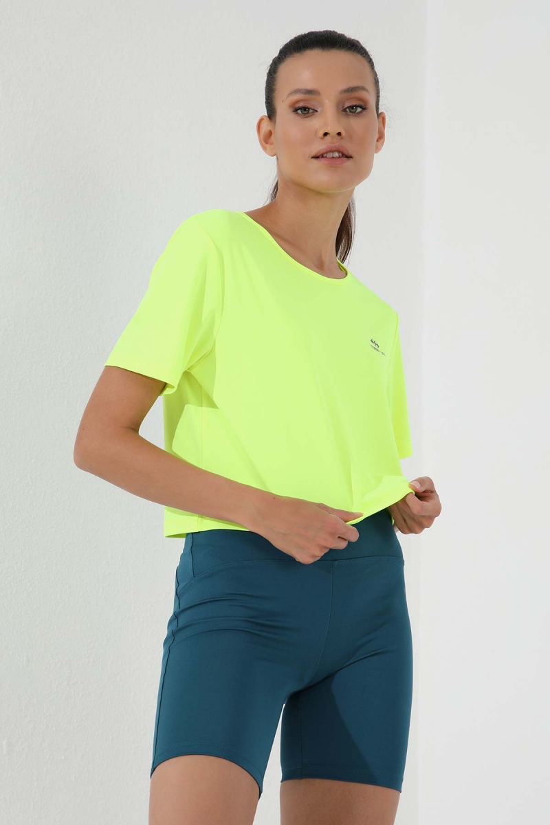 Tommy Life Neon Sarı Basic Kısa Kol Standart Kalıp O Yaka Kadın Crop Top T-Shirt - 97143. 6