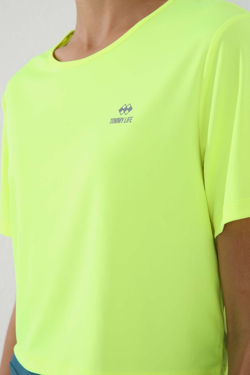 Tommy Life Neon Sarı Basic Kısa Kol Standart Kalıp O Yaka Kadın Crop Top T-Shirt - 97143. 4