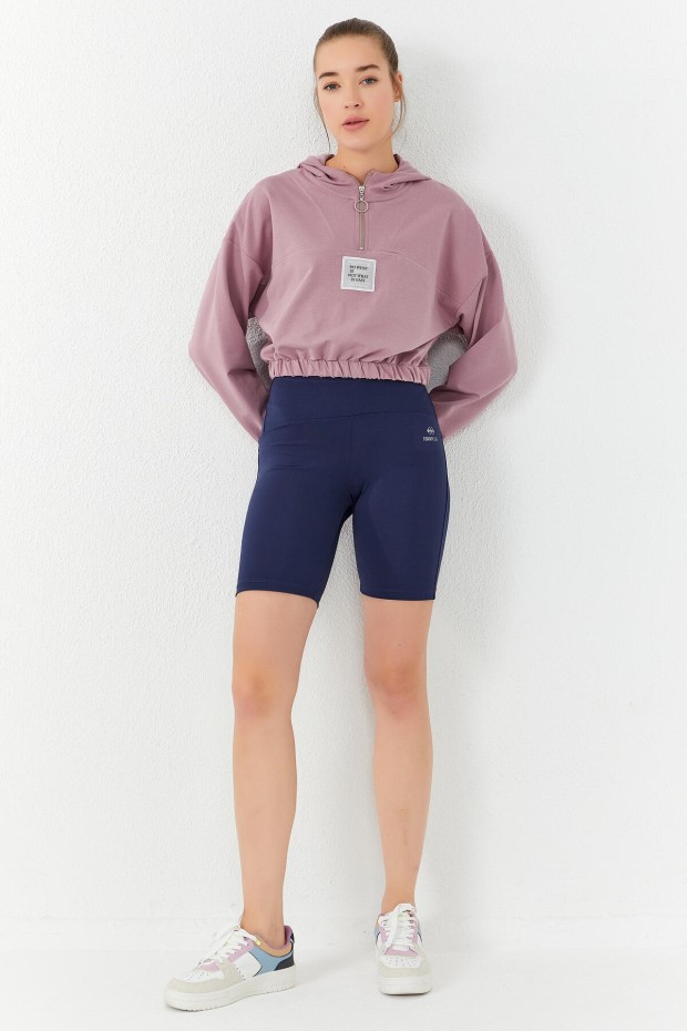 Tommy Life Gül Kurusu Beli Büzgülü Kapüşonlu Yarım Fermuarlı Rahat Form Kadın Crop Top Sweatshirt - 97155. 2