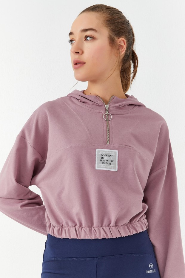 Tommy Life Gül Kurusu Beli Büzgülü Kapüşonlu Yarım Fermuarlı Rahat Form Kadın Crop Top Sweatshirt - 97155. 8