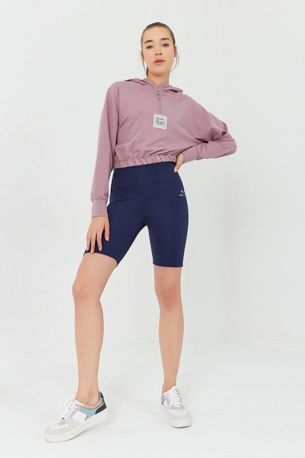 Tommy Life Gül Kurusu Beli Büzgülü Kapüşonlu Yarım Fermuarlı Rahat Form Kadın Crop Top Sweatshirt - 97155. 7