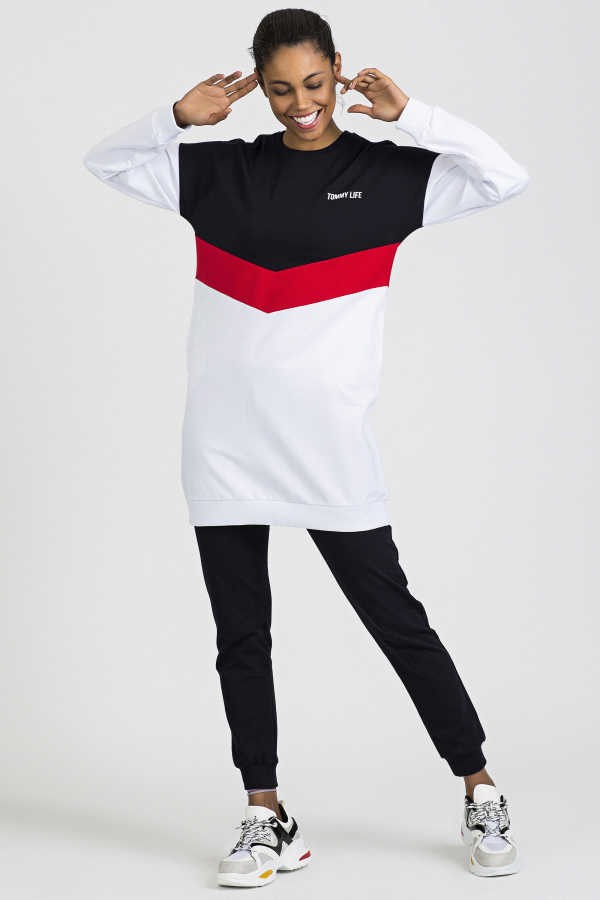 Tommy Life Beyaz - Lacivert Cepli Üç Renk Rahat Form Jogger Kadın Eşofman Tunik Takımı - 03454. 1