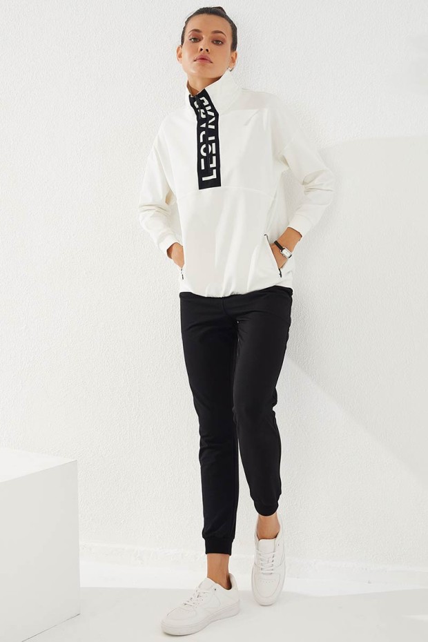 Tommy Life Ekru - Siyah Yarım Fermuar Dik Yaka Rahat Form Manşetli Kadın Eşofman Takım - 95263. 2 Tommy Life Ekru - Siyah Yarım Fermuar Dik Yaka Rahat Form Manşetli Kadın Eşofman Takım - 95263. 2