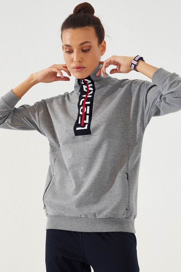 Tommy Life Gri Melanj - Lacivert Yarım Fermuar Dik Yaka Rahat Form Manşetli Kadın Eşofman Takım - 95263. 3 Tommy Life Gri Melanj - Lacivert Yarım Fermuar Dik Yaka Rahat Form Manşetli Kadın Eşofman Takım - 95263. 3