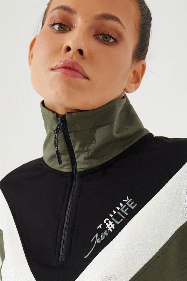 Tommy Life Haki - Siyah Yarım Fermuar Dik Yaka Rahat Form Jogger Kadın Eşofman Takım - 95269. 6 Tommy Life Haki - Siyah Yarım Fermuar Dik Yaka Rahat Form Jogger Kadın Eşofman Takım - 95269. 6