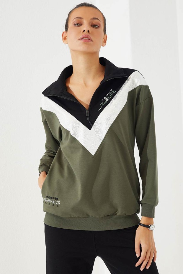 Tommy Life Haki - Siyah Yarım Fermuar Dik Yaka Rahat Form Jogger Kadın Eşofman Takım - 95269. 2 Tommy Life Haki - Siyah Yarım Fermuar Dik Yaka Rahat Form Jogger Kadın Eşofman Takım - 95269. 2