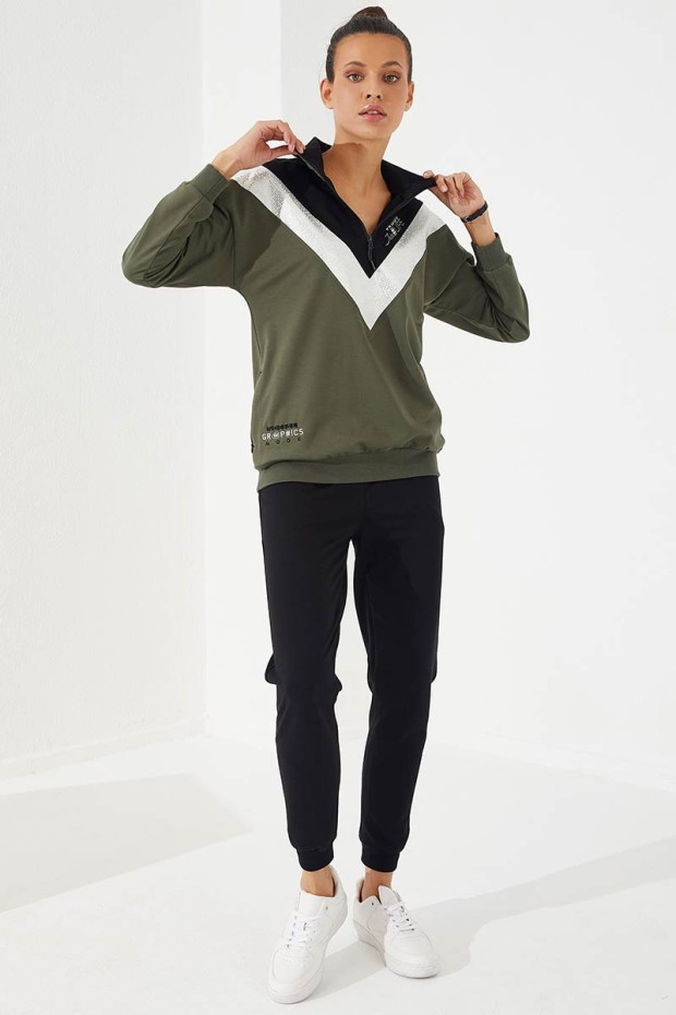 Tommy Life Haki - Siyah Yarım Fermuar Dik Yaka Rahat Form Jogger Kadın Eşofman Takım - 95269. 1 Tommy Life Haki - Siyah Yarım Fermuar Dik Yaka Rahat Form Jogger Kadın Eşofman Takım - 95269. 1