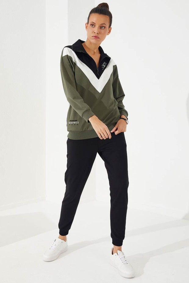 Tommy Life Haki - Siyah Yarım Fermuar Dik Yaka Rahat Form Jogger Kadın Eşofman Takım - 95269. 3 Tommy Life Haki - Siyah Yarım Fermuar Dik Yaka Rahat Form Jogger Kadın Eşofman Takım - 95269. 3