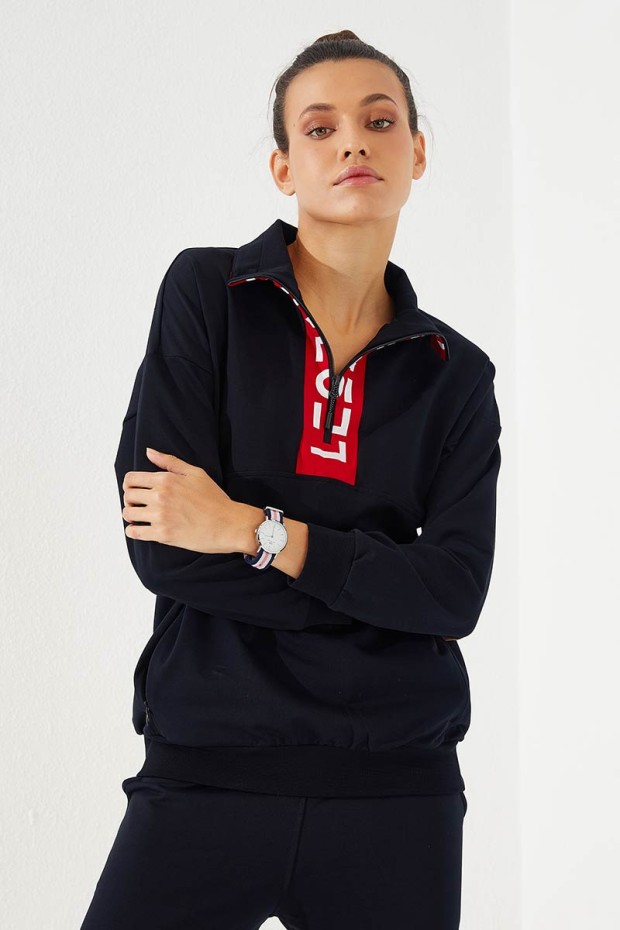 Tommy Life Lacivert Yarım Fermuar Dik Yaka Rahat Form Manşetli Kadın Eşofman Takım - 95263. 7 Tommy Life Lacivert Yarım Fermuar Dik Yaka Rahat Form Manşetli Kadın Eşofman Takım - 95263. 7