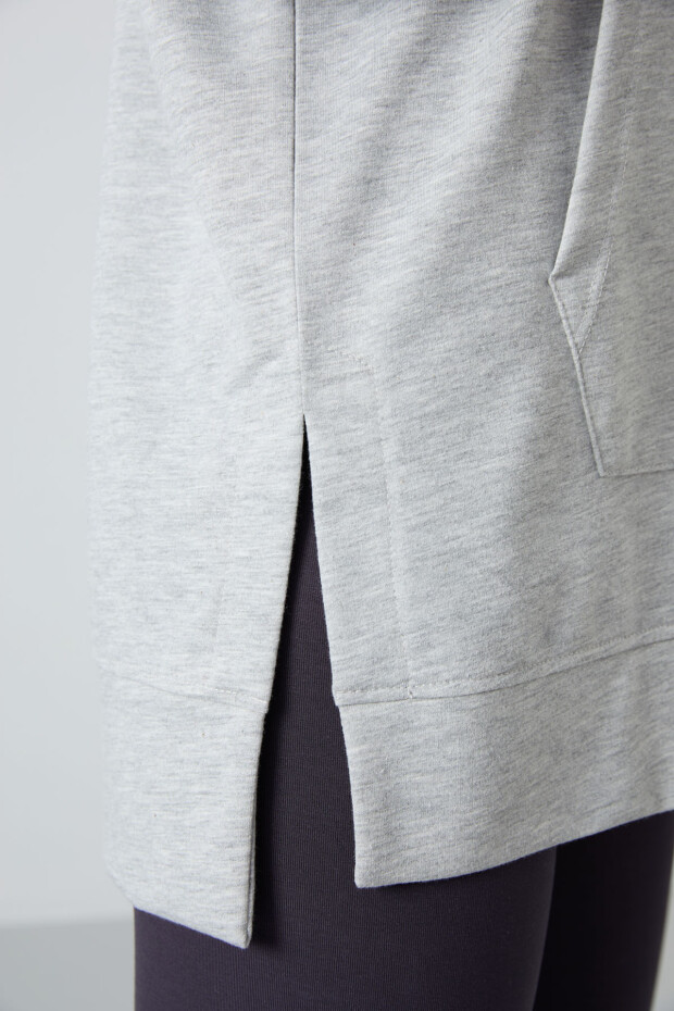 Gri Melanj Balon Kol Yazı Nakışlı Kadın Oversize Tunik Sweatshirt - 97163 - 4