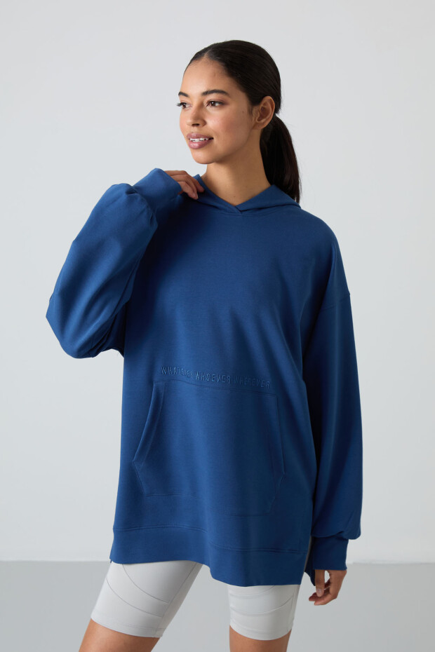 Parlament Balon Kol Yazı Nakışlı Kadın Oversize Tunik Sweatshirt - 97163 - 5