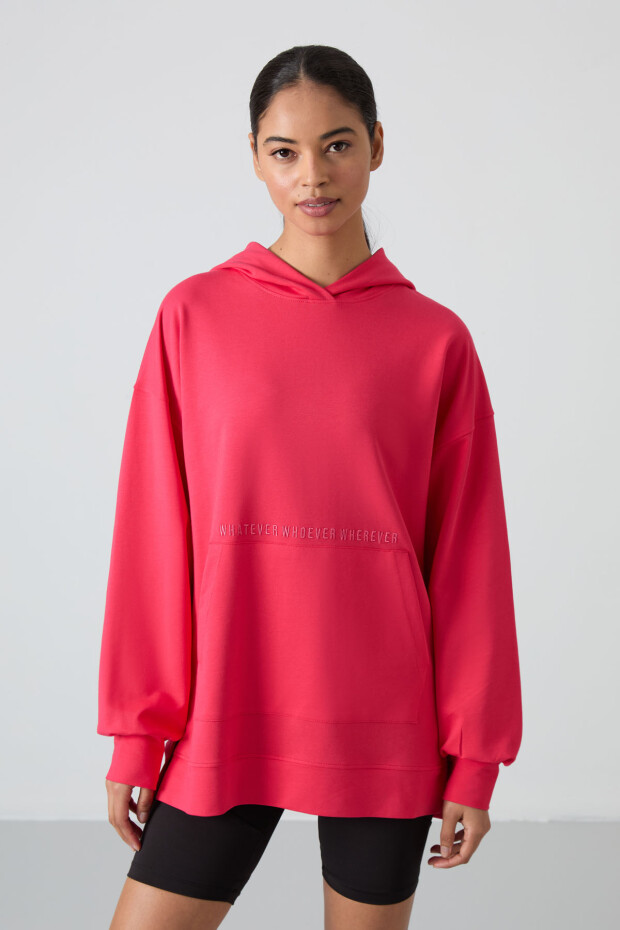 Viva Kırmızı Balon Kol Yazı Nakışlı Kadın Oversize Tunik Sweatshirt - 97163 - 1