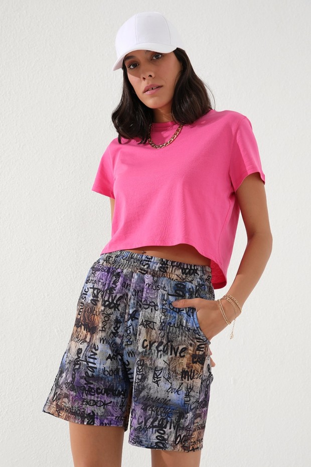 Tommy Life Mor Yazı Baskılı Batik Desenli Bağcıklı Rahat Form Bermuda Kadın Şort - 91006. 8 Tommy Life Mor Yazı Baskılı Batik Desenli Bağcıklı Rahat Form Bermuda Kadın Şort - 91006. 8