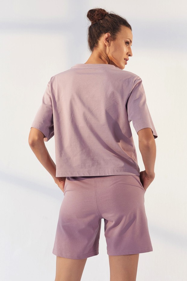 Tommy Life Gül Kurusu Küçük Yazı Baskılı O Yaka Bermuda Kadın Oversize Şort Takım - 95292. 4 Tommy Life Gül Kurusu Küçük Yazı Baskılı O Yaka Bermuda Kadın Oversize Şort Takım - 95292. 4