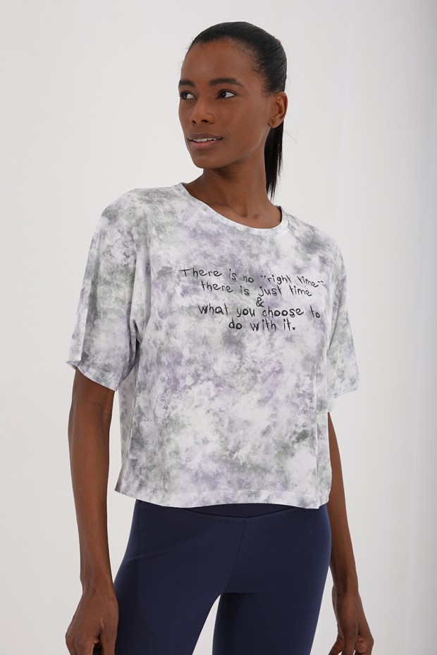 Tommy Life Mor Yazı Baskılı Karışık Batik Desenli O Yaka Kadın Oversize T-Shirt - 97129. 2