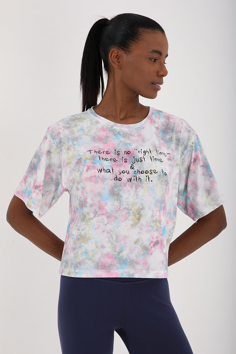 Tommy Life Pembe Yazı Baskılı Karışık Batik Desenli O Yaka Kadın Oversize T-Shirt - 97129. 10