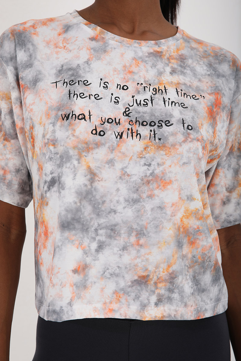 Tommy Life Turuncu Yazı Baskılı Karışık Batik Desenli O Yaka Kadın Oversize T-Shirt - 97129. 1
