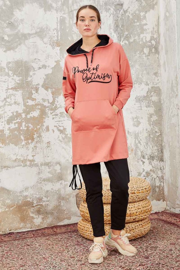 Tommy Life Pudra - Siyah Kapüşonlu Kanguru Cep Rahat Form Dar Paça Kadın Eşofman Tunik Takım - 95238. 1 Tommy Life Pudra - Siyah Kapüşonlu Kanguru Cep Rahat Form Dar Paça Kadın Eşofman Tunik Takım - 95238. 1