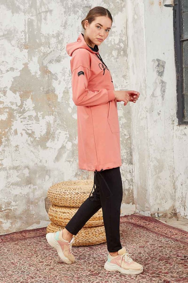 Tommy Life Pudra - Siyah Kapüşonlu Kanguru Cep Rahat Form Dar Paça Kadın Eşofman Tunik Takım - 95238. 2 Tommy Life Pudra - Siyah Kapüşonlu Kanguru Cep Rahat Form Dar Paça Kadın Eşofman Tunik Takım - 95238. 2