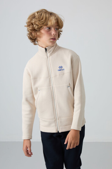Bej Pamuklu Kalın İçi Tüylü Yumuşak Dokulu Standart Fit Nakışlı Erkek Çocuk Sweatshirt - 11245 