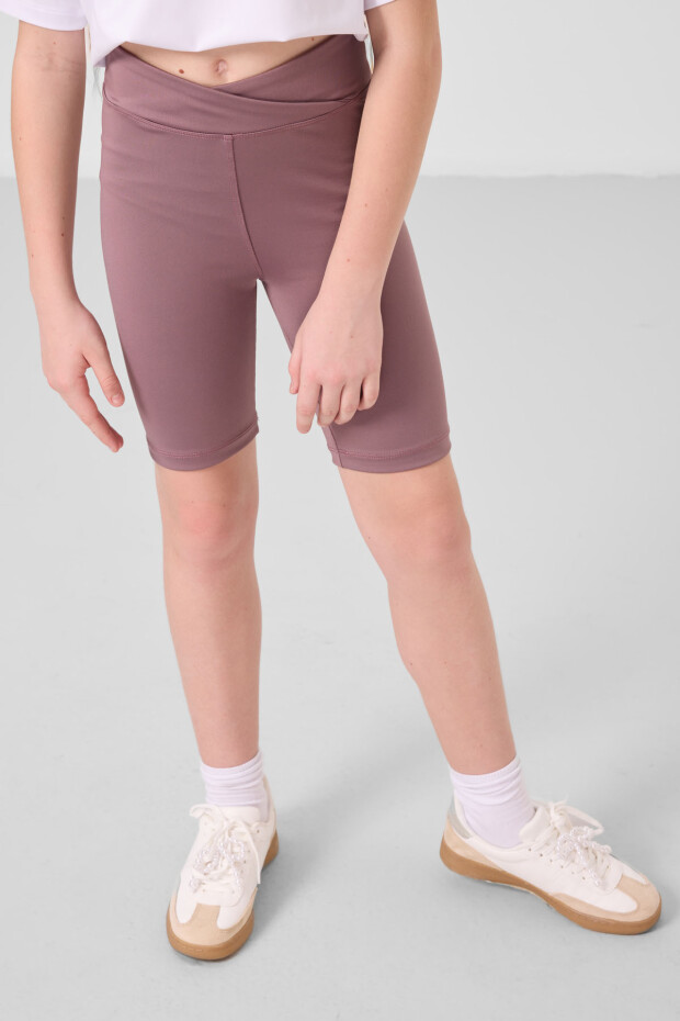 Beyaz-Gül Kurusu V Yaka Kemer Detaylı Standart Fit Performans Kız Çocuk Tayt Takım - 75187 - 2