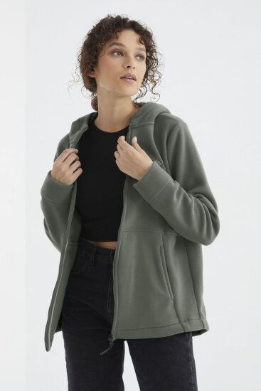 Çağla Kapüşonlu Fermuarlı Rahat Form Kadın Polar Sweatshirt - 97233 