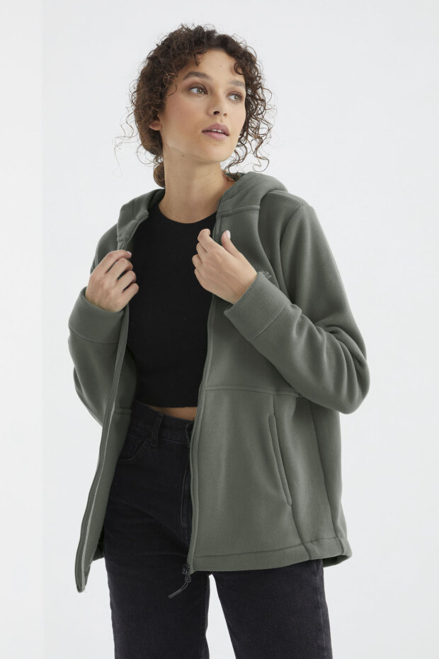 Çağla Kapüşonlu Fermuarlı Rahat Form Kadın Polar Sweatshirt - 97233 - 1