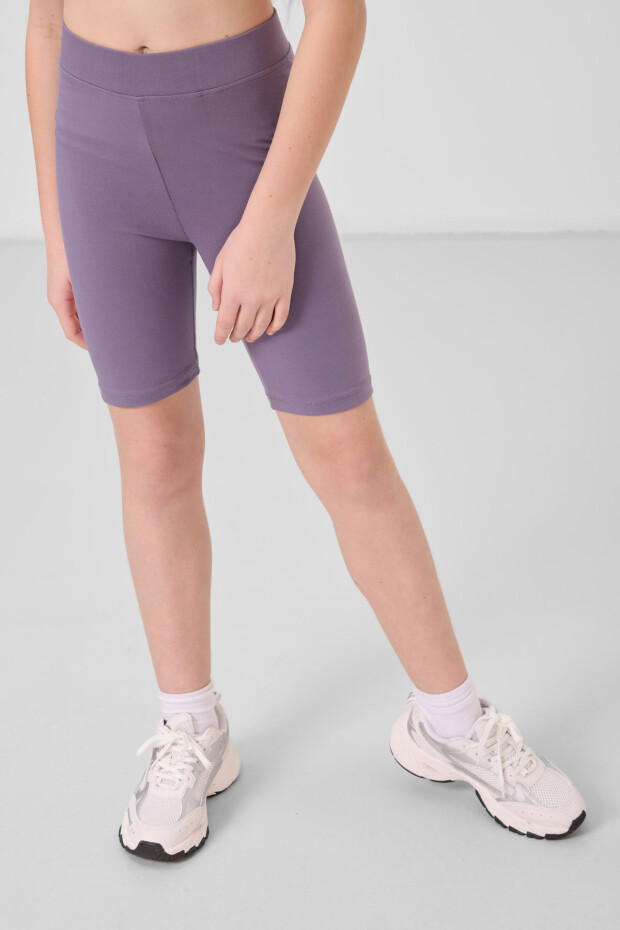 Eflatun Pamuklu Kısa Paça Standart Fit Basic Kız Çocuk Tayt - 75188 - 4