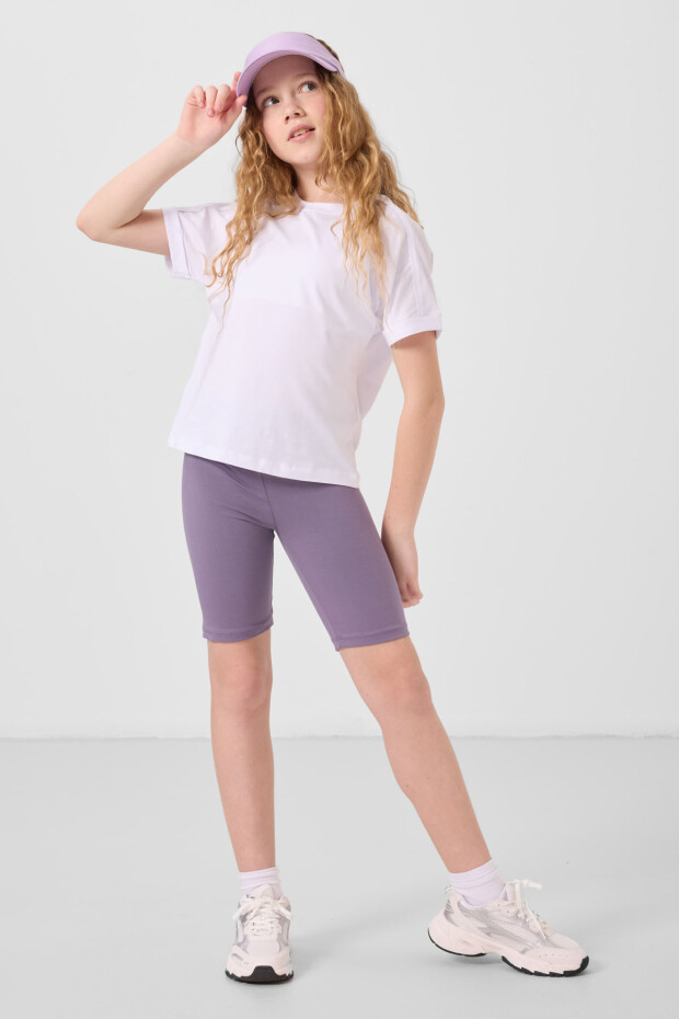 Eflatun Pamuklu Kısa Paça Standart Fit Basic Kız Çocuk Tayt - 75188 - 2