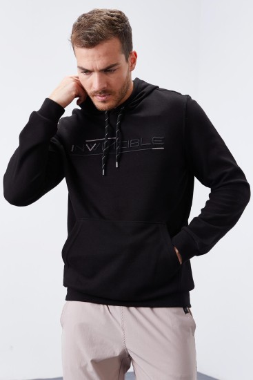 Invincible Embroidered Kangaroo Pocket Black Men's Sweatshirt 