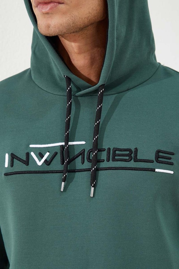 Invincible Embroidered Kangaroo Pocket Green Men's Sweatshirt - 3