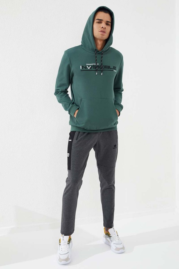 Invincible Embroidered Kangaroo Pocket Green Men's Sweatshirt - 6